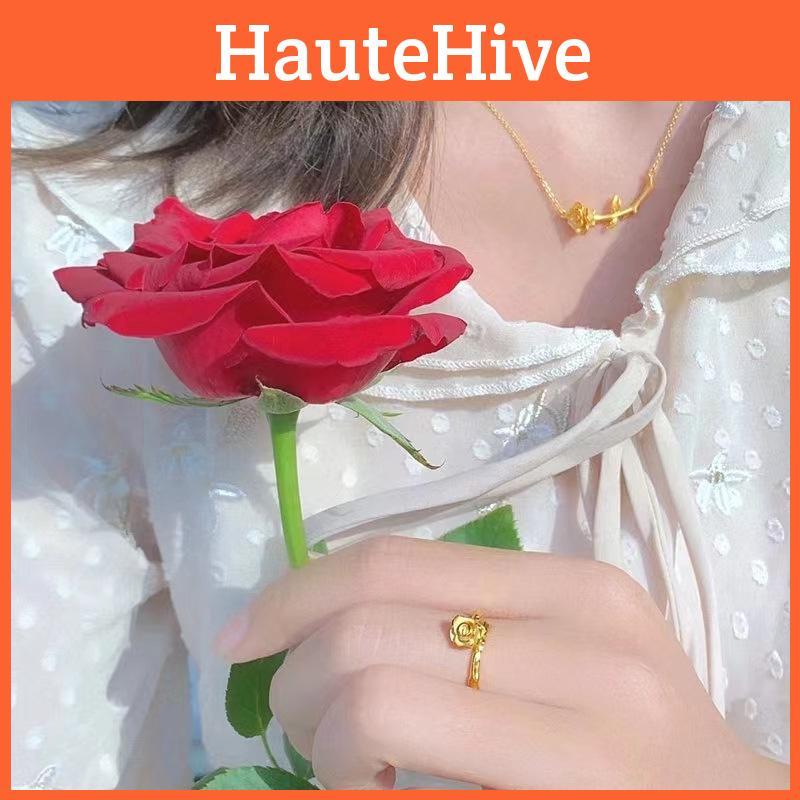 Elegant Vietnamese Sand Gold Rose Flower Ring Adjustable Copper Plated Jewelry Women For