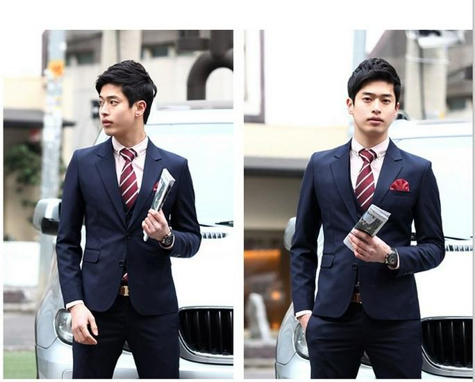 Men's Navy Blue & Black Korean Slim Fit Formal Business Suit Set for Weddings