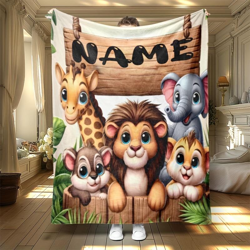 Couverture Flottante Personnalisée avec Nom d'Animal de Zoo - Motif Éléphant/Lion/Singe, Légère Toutes Saisons pour Pique-niques/Voyages, Lavable en Machine 100X125cm(39x49in)