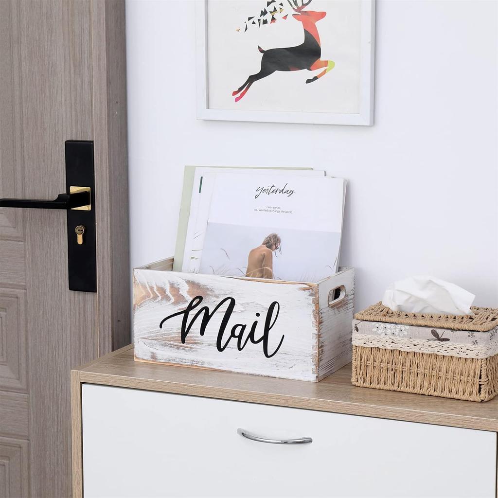 Mail Organizer Countertop Mail and Key Holder for Desk Mail Basket Letter Organizer Caddy Dorm Organizer Rustic Home Decor Mailbox White 5.5*5.5*11.4
