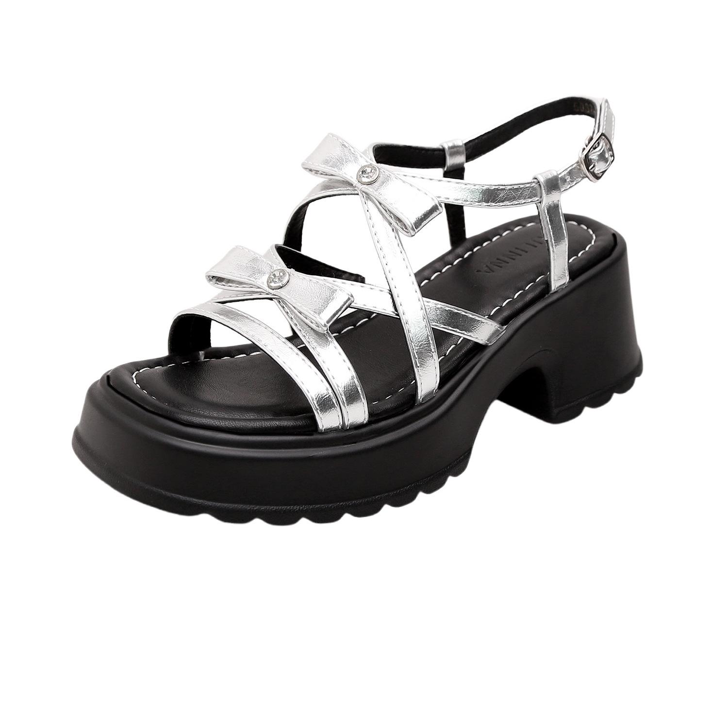 

Босоножки с открытым носком на круглом каблуке с бантом, новые серебристые, женские летние универсальные на толстой подошве, для улицы, для девушек, увеличивающие рост, модные 33 серебряный