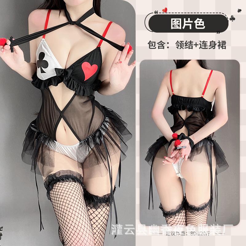 Sex Lingerie Female Sexy Perspective Mesh Playing Cards Clown Three-point Uniform Suit Seduction
