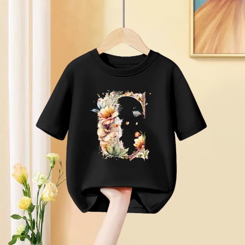 A B C D Kombinationsschrift Mädchen T-Shirt Blumendruck Lässige Oberteile Benutzerdefinierter Name Buchstabe Kinder Schwarzes T-Shirt