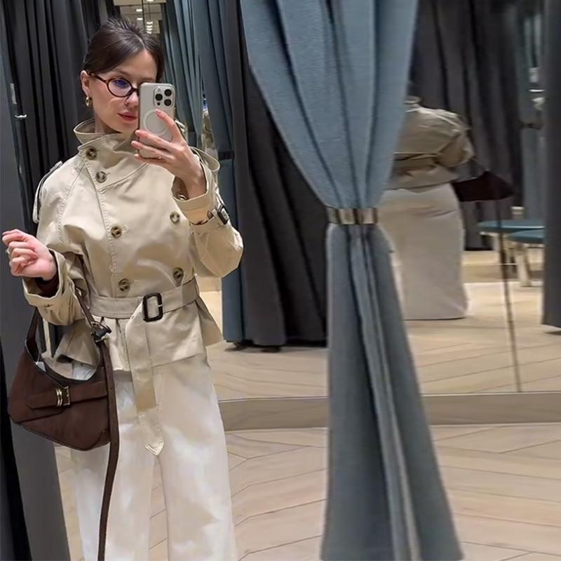Stand Up Collar Lace-up Short Trench Coat Women's Long Sleeve Double Breasted Thin Slim Jacket Commuter Windbreaker 2025 Autumn Coatwear