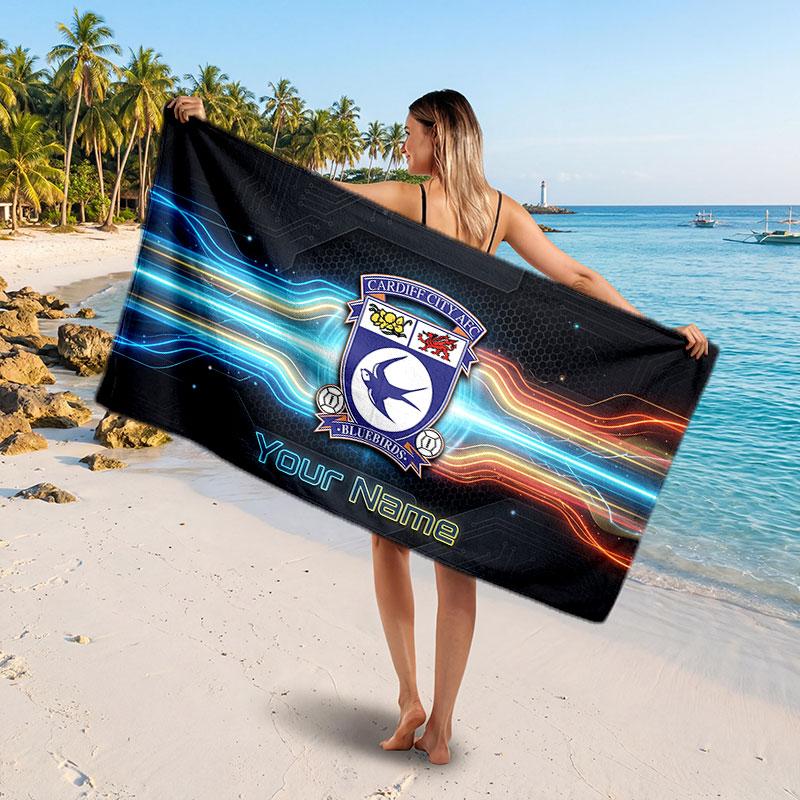 Cardiff City Custom Beach Towel, Personalized Name Text Print, Football Logo Soft Quick‑Dry Towel Holiday Gift
