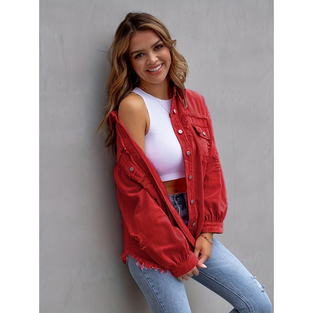 Plus-Size Women'S Loose Denim Jacket with Distressed Design