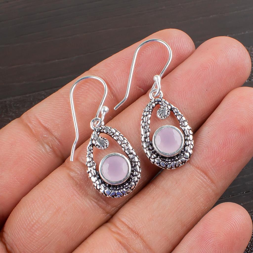 Rose Chalcedony Gemstone 925 Sterling Silver Jewelry Stylish Earrings 1.38" Gift CE-3-13