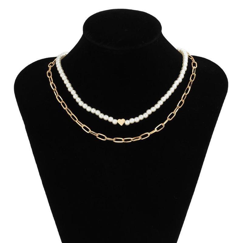 French temperament pearl mix and match light luxury love collarbone chain women s geometric niche hollow chain double-layer stacked necklace