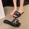 Fashion Butterfly-Knot Shoes Woman's Slippers Square Toe Slides String Bead Fashion 2025 Luxury Butterfly-knot String Bead Shoes Square