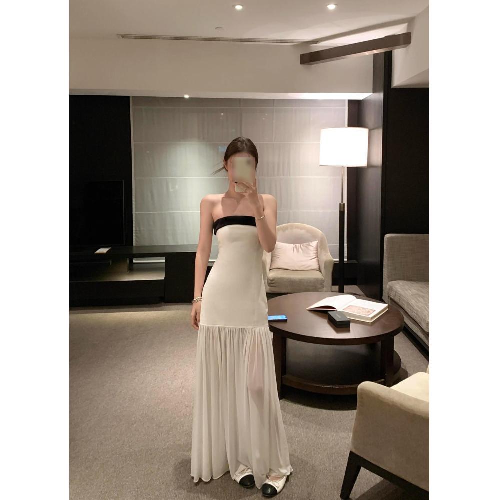 Bow beauty back sleeveless tube top dress women's summer splicing waist birthday skirt a word long dress