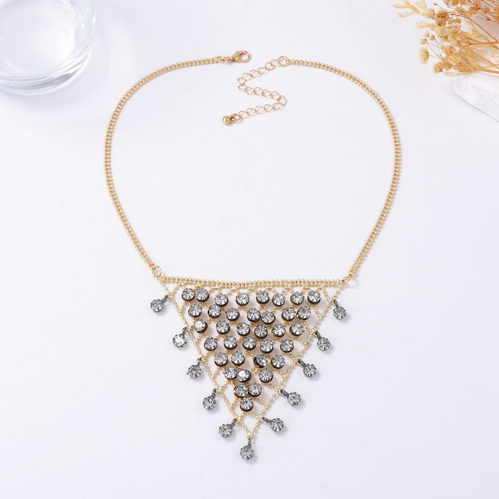 Bohemian Exquisite Light Luxury Inverted Triangular Tassel Grid Inlaid Zircon Pendant Necklace Sweater Chain Jewelry