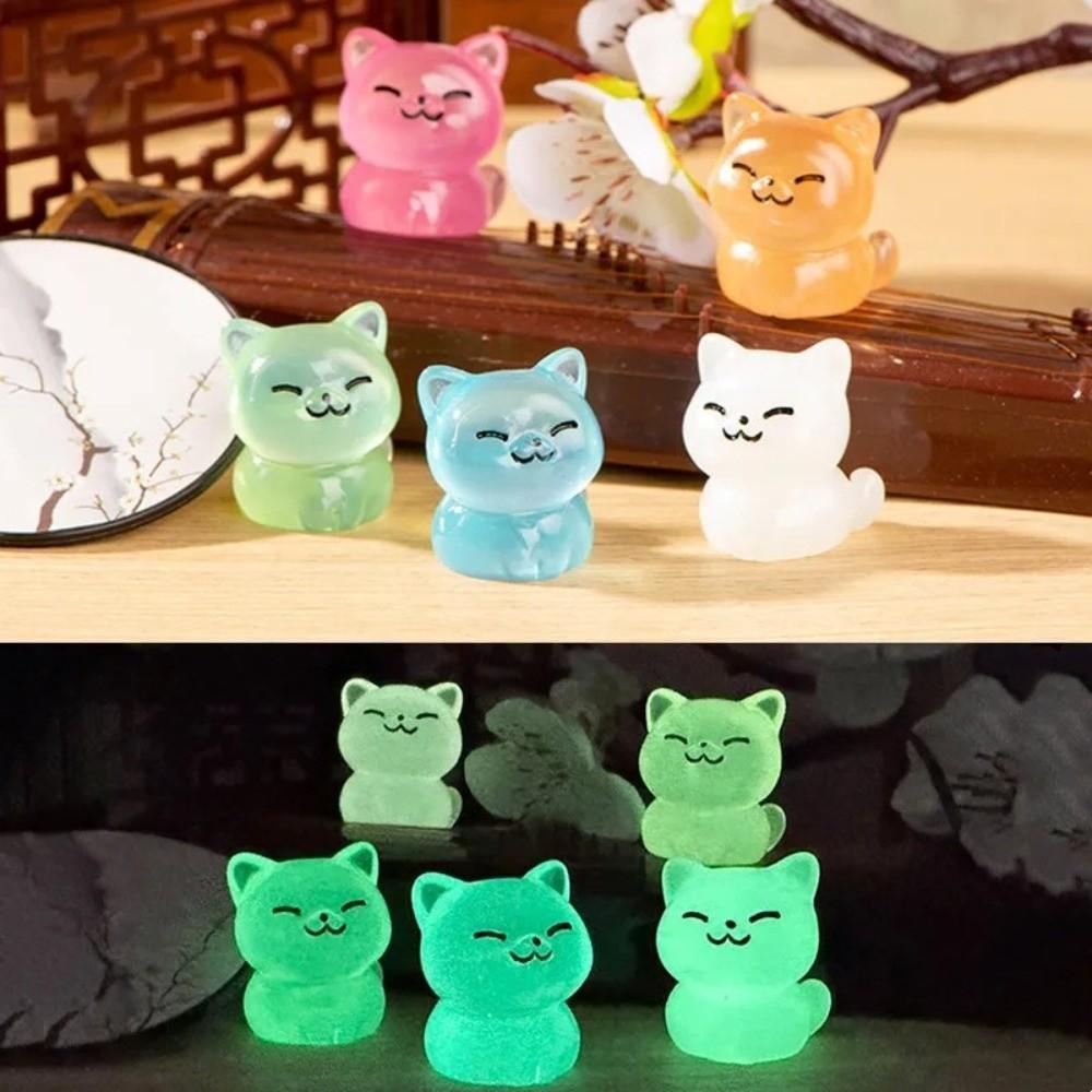Resin Luminous Cat Figurines Tiny Miniature Lucky Cat Cute Glow Dark Ornaments for DIY Home Decor