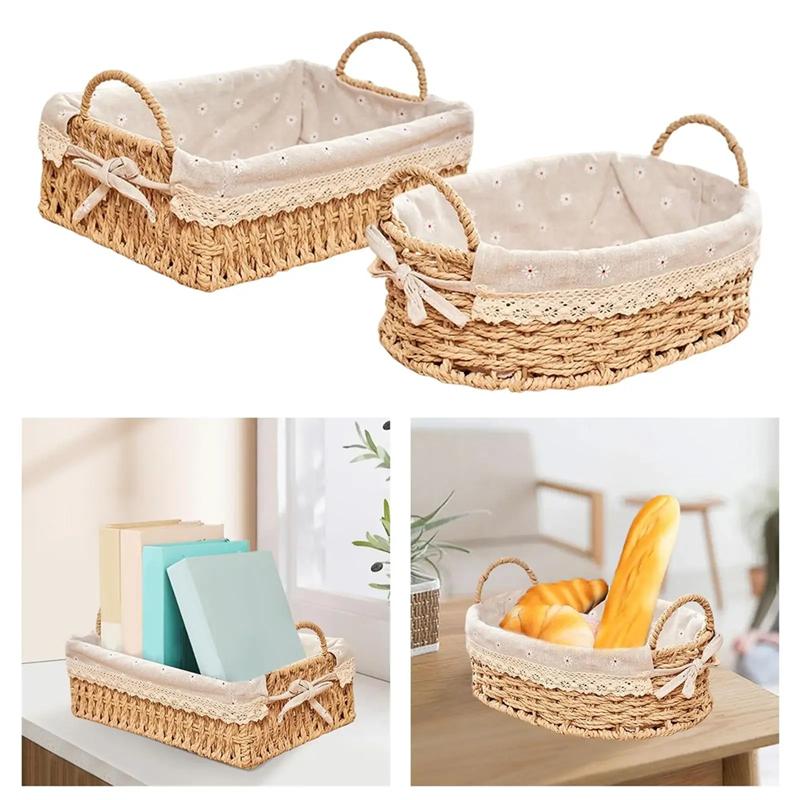 Handmade Handwoven Storage Baskets With Handles Kitchen Organizer Cosmetic Boxes For Bedroom Bathroom Breakfast Fruit Decorative