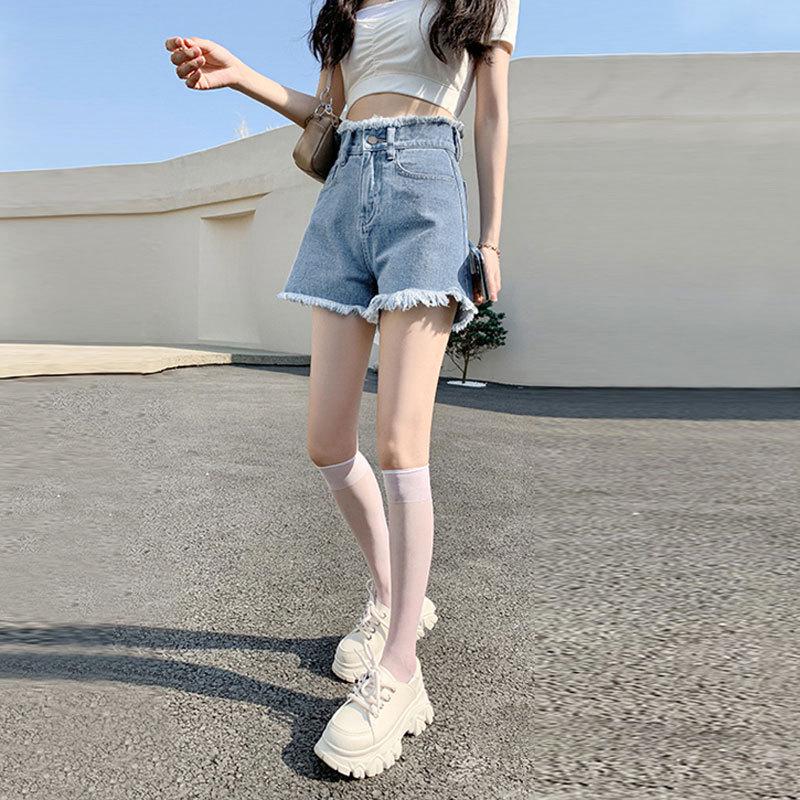 Women's High Waist Denim Shorts - Casual, Versatile, Slimming, Frayed A-line, Trendy Summer Wide Leg Hot Pants