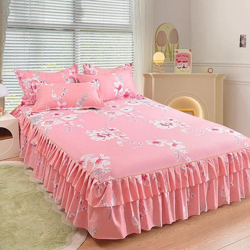 Nordic Floral Queen Bed Skirt Without Pillowcase Double Single Mattress Cover Anti-slip Full Size Adjustable Bedspread 360°Warp