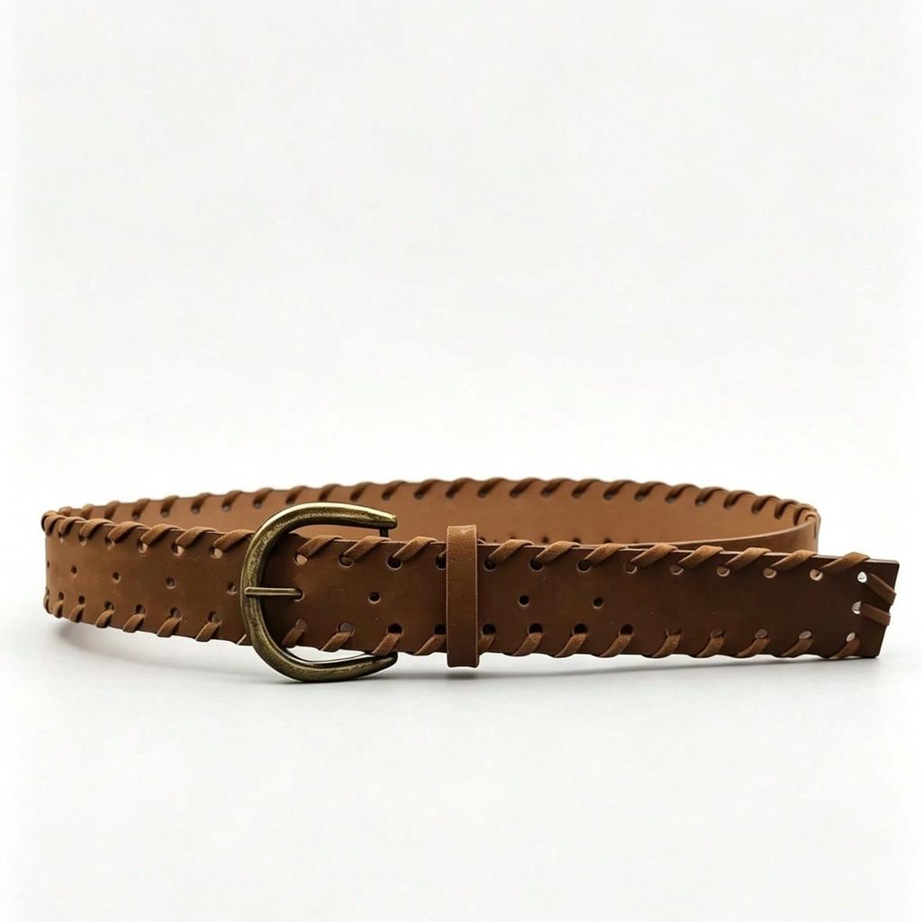 Neutral Style Retro Woven Suede Brown Hollow Decoration Versatile Metal Buckle Belt