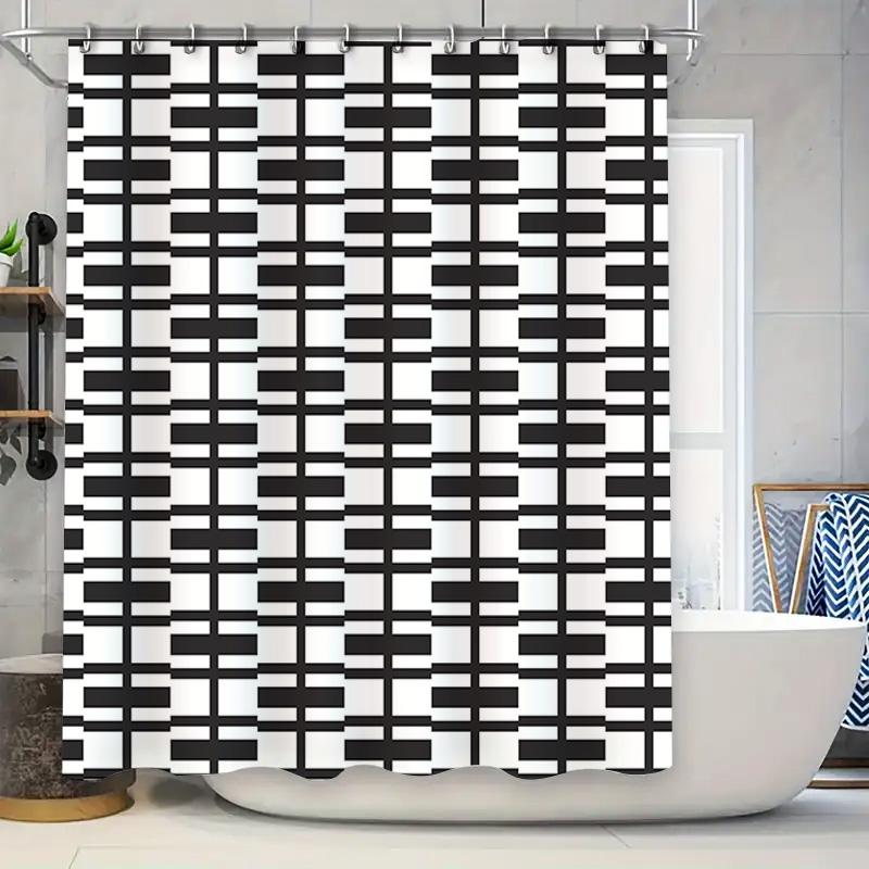 

Black White Geometric Shower Curtain For Bathroom Decor Modern Design Waterproof Bath Liner With Hook Rings (84X72In) W60H190(CM)-1 Pcs