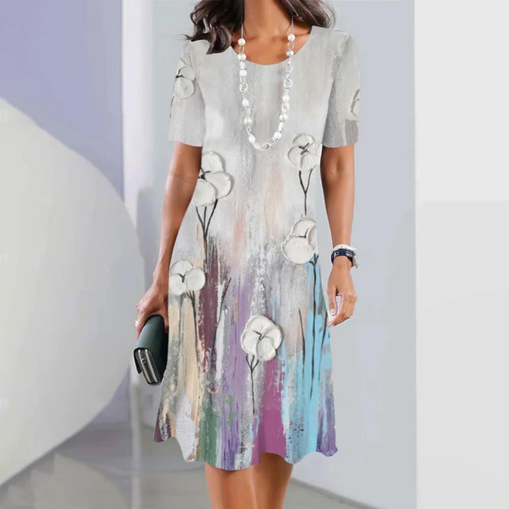 2025 Sommerurlaub Kleid mit Knitterblumenmuster elegant kurzärmlig O-Ausschnitt Kleidung Streetwear lockeres Kleid