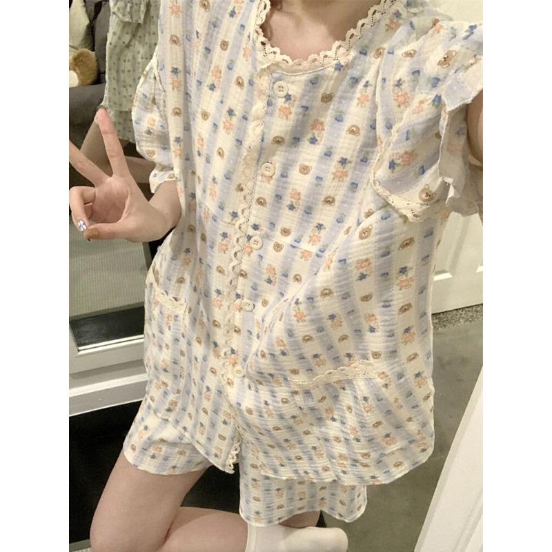 

Женская пижама, летняя, с коротким рукавом, комплект одежды для сна с рисунком милого медведя, пижама для женщин с оборками, домашний комплект одежды для сна, кардиган XXL