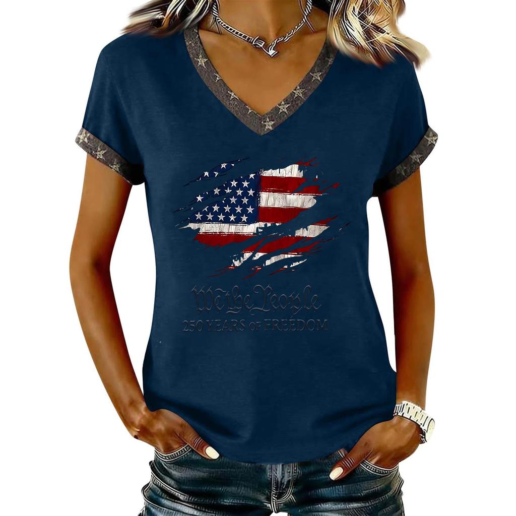 Damen Lässiger V-Ausschnitt Kurzarm Pullover Bedrucktes T-Shirt Top