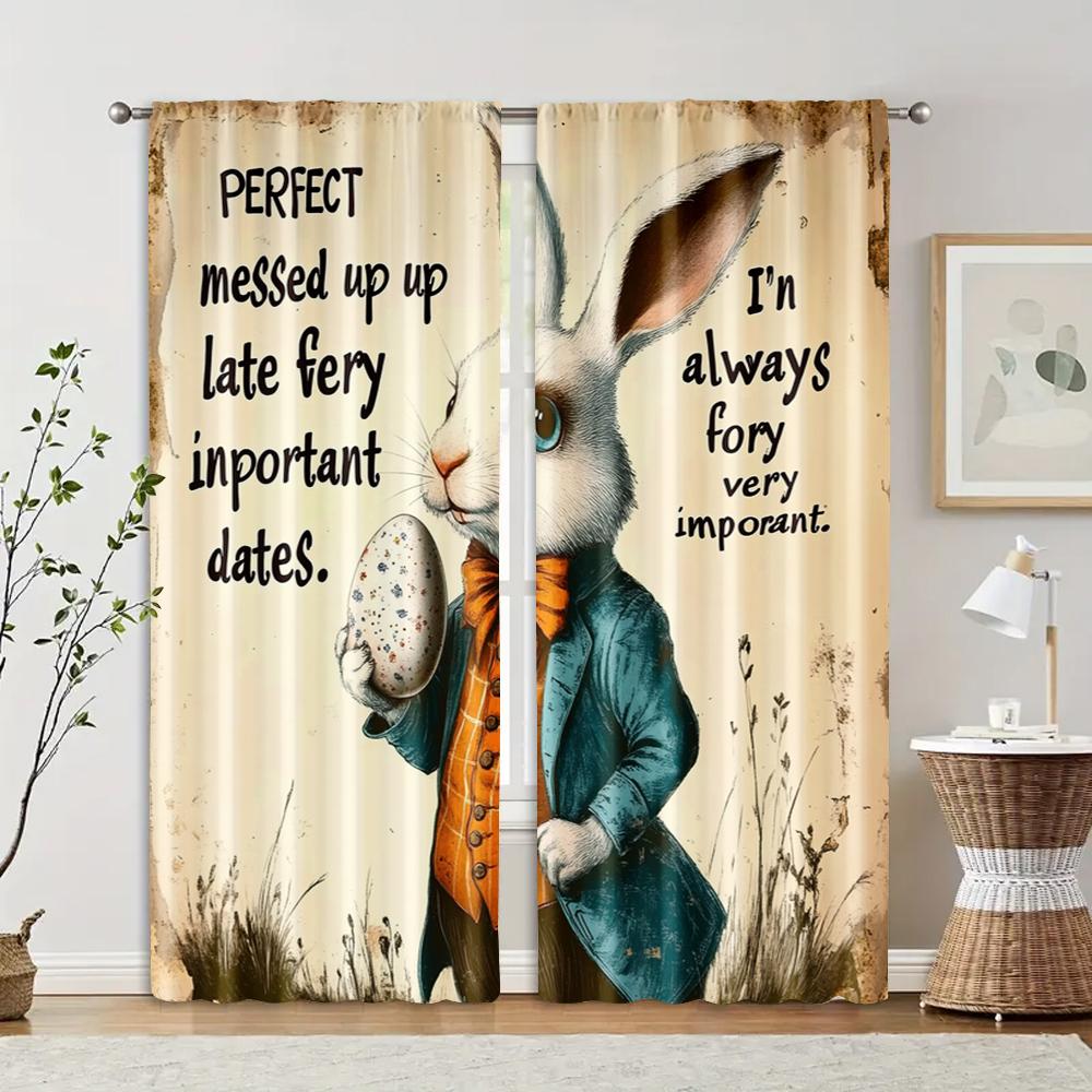 

Set Of 2 Filtering Curtains Excluding Rods Non Movable Without Batteries Picture Rabbit Suit Holding Egg Curtain Polyester W100*H70(CM)-Hooks&1PCS
