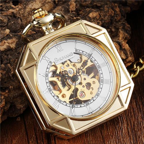 Luxus Goldenes Quadrat Design Mechanische Taschenuhr mit FOB Kette Skulptur Skelett Steampunk Handaufzug Mechanische Herrenuhr