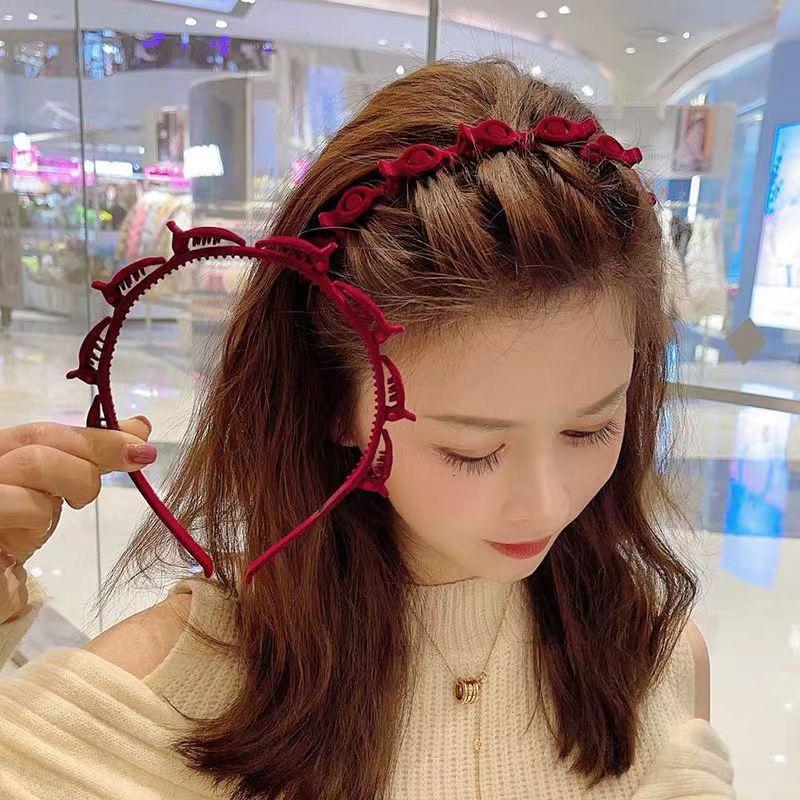 1 Piece Hair Accessories With Clip Ring Fashion Double-Band Hairband Flocked Non-Slip Braided Hair Decorative Hairpin Hairband