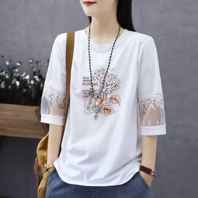Pure Cotton Summer New Chinese Style Five-quarter Sleeve Top for Women Large Size Foreign Style
