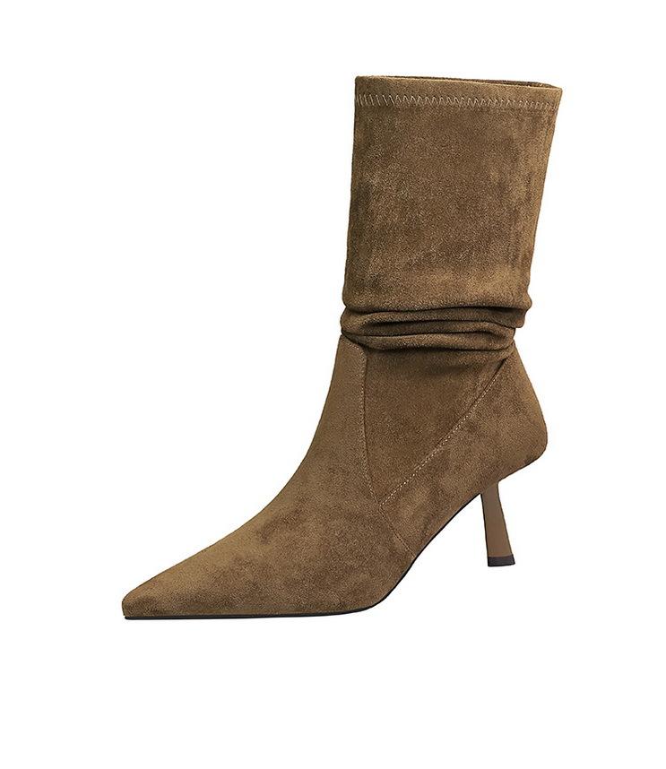 Woman High Heel Boots Suede Autumn Versatile Medium Tube Short Boots Woman Elastic Suede Pointed Pleated Boots