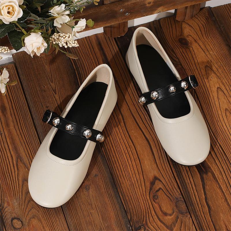 Spring and Autumn New Women's Shoes Riveted Leather Mary Jane Round Head Single Shoes Ballet Flats Cross