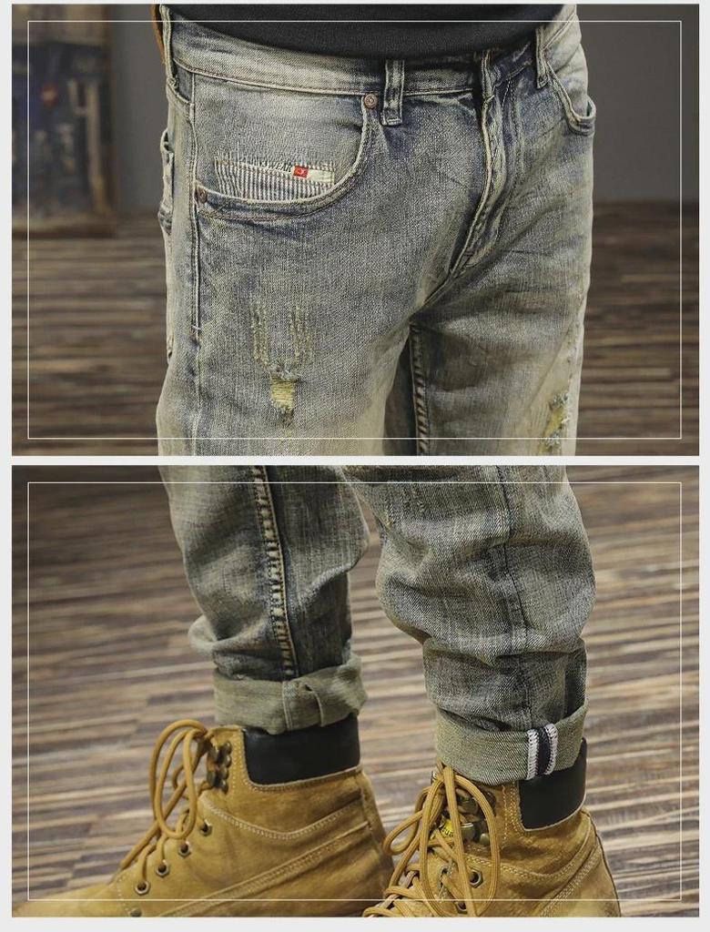 Pánské retro džíny s roztrhaným vzorem a úzkým střihem na jaro a léto