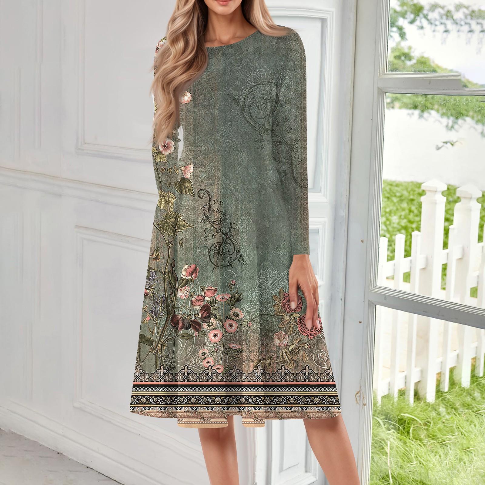 

Женское повседневное модное платье миди с круглым вырезом и длинными рукавами L