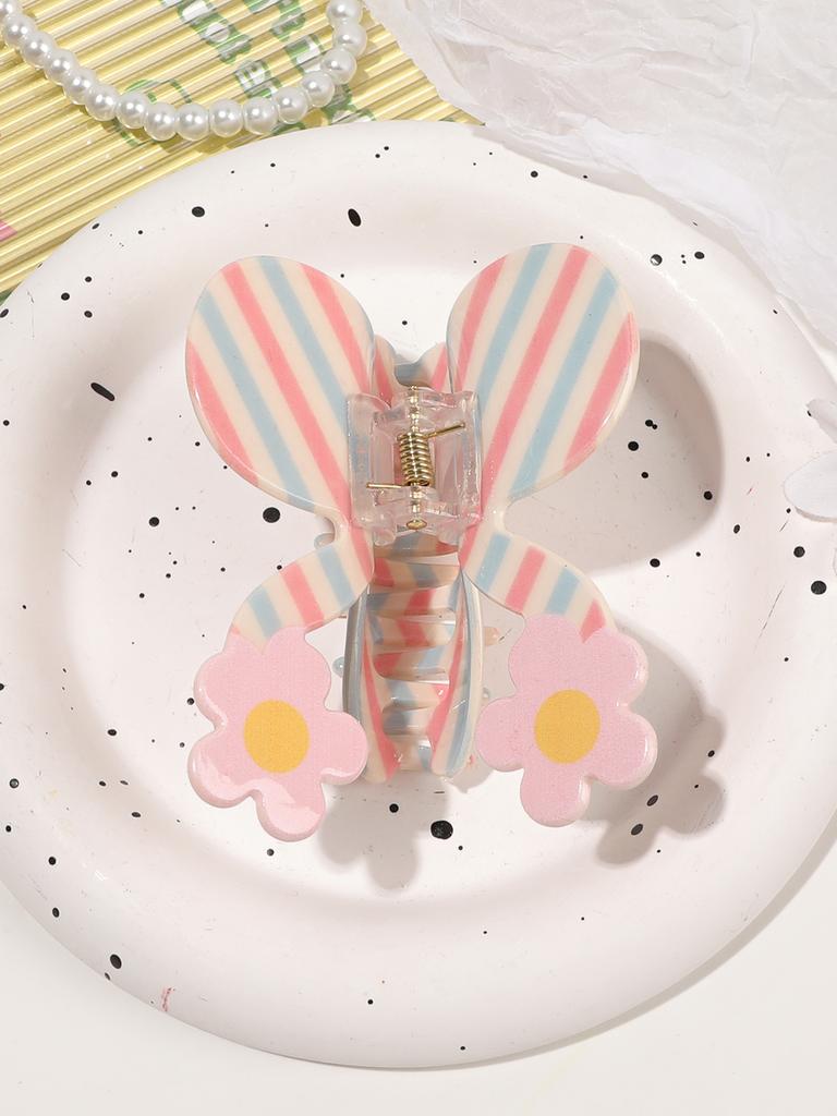Spring Sweet Pink Spot Flower Bowknot Hair Claw Clip For Women,Butterfly Hairpin Ponytail Stripe Bow Hair Accessories Headwear