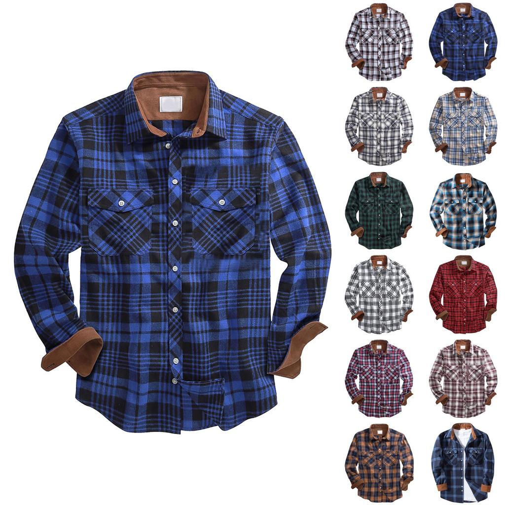 Men's Plaid Shirt Button-Up Sweatshirt Men's Winter Warm Casual Fashion Plaid Shirt