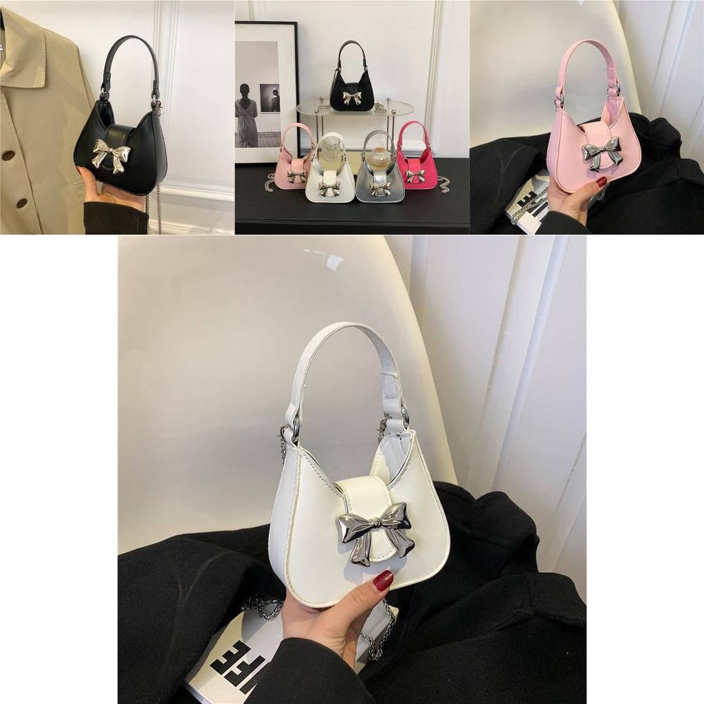 Black Pu Material Butterfly Knot Women's Bag 2024 Urban Simple Style Chain Shoulder Crossbody Handbag