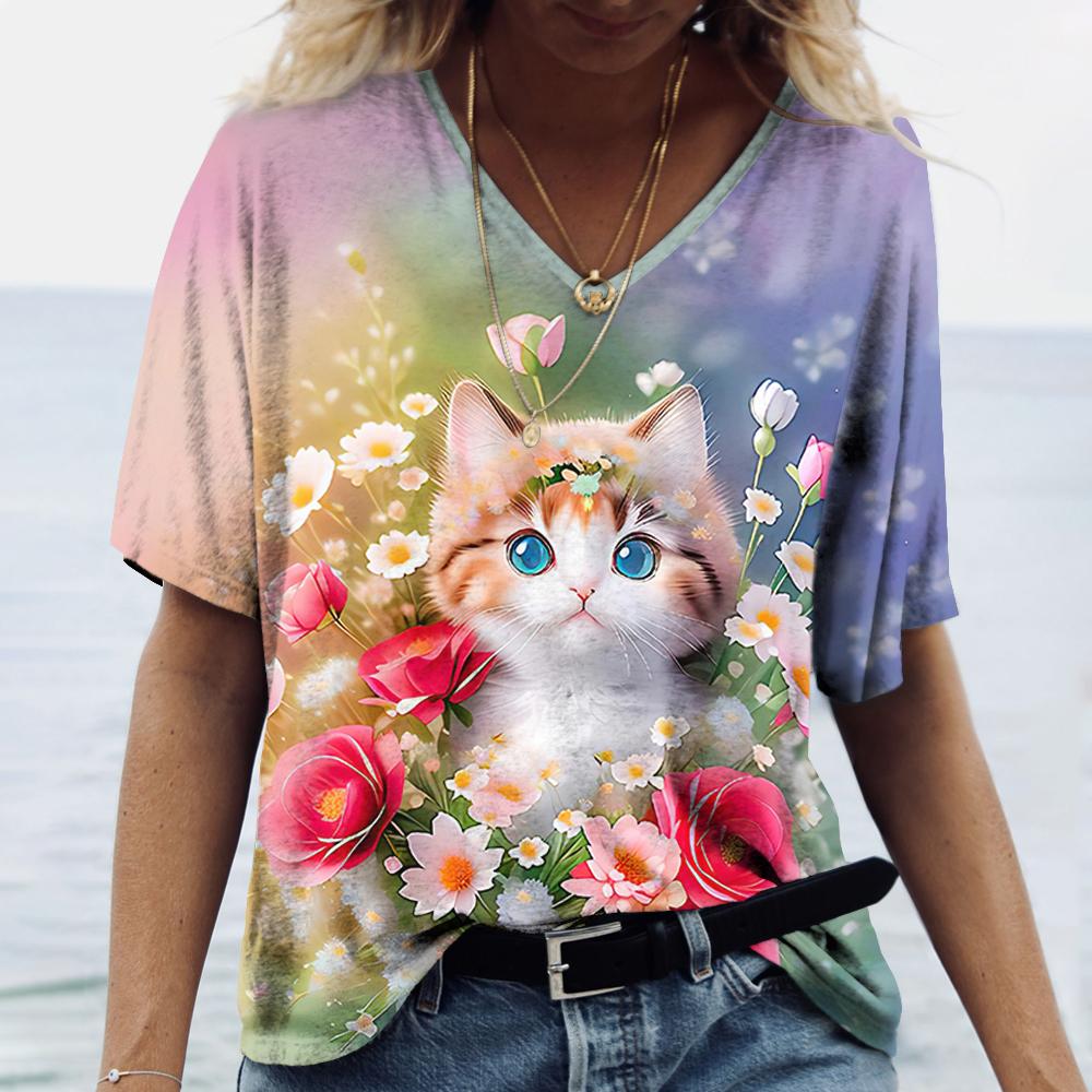 Women's T-Shirt Color Cat 3d Printing Short-Sleeved Fashion Casual Street V-Neck Oversized High-Quality Summer Women's Clothing