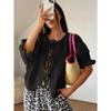Casual Knit Cardigan Crew Neck 9 10 Sleeve Drawstring Tie