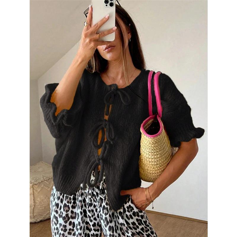 Casual Knit Cardigan Crew Neck 9 10 Sleeve Drawstring Tie