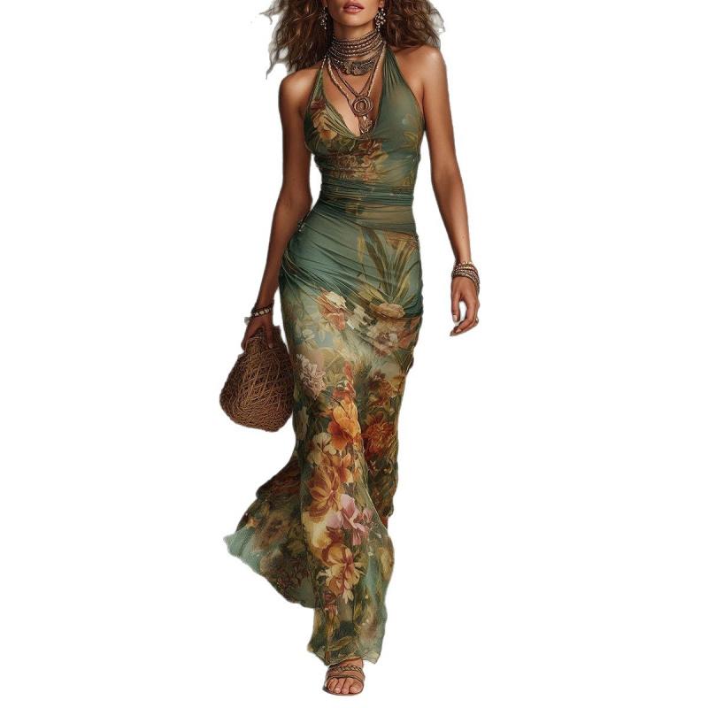 Abito Estivo Bohemien da Donna Retro Stampato Schiena Nuda con Bretelle e Fasciatura Monopezzo Orlo Ampio Stile Vacanza