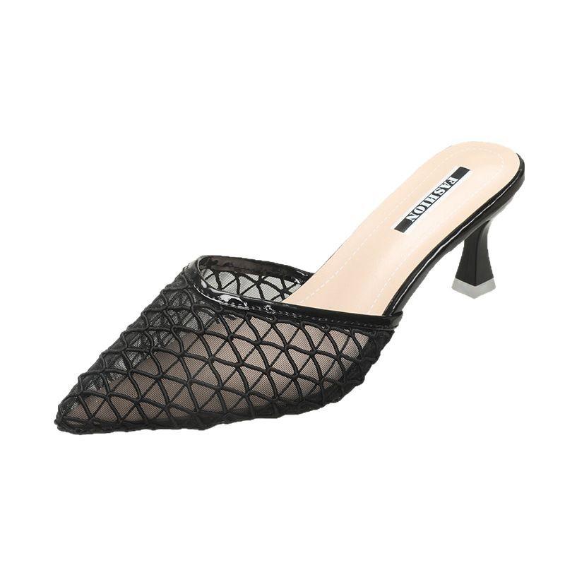 2025 spring and summer new bag head through the net sandals fairy style pointed high heels wear thin heels cool slippers