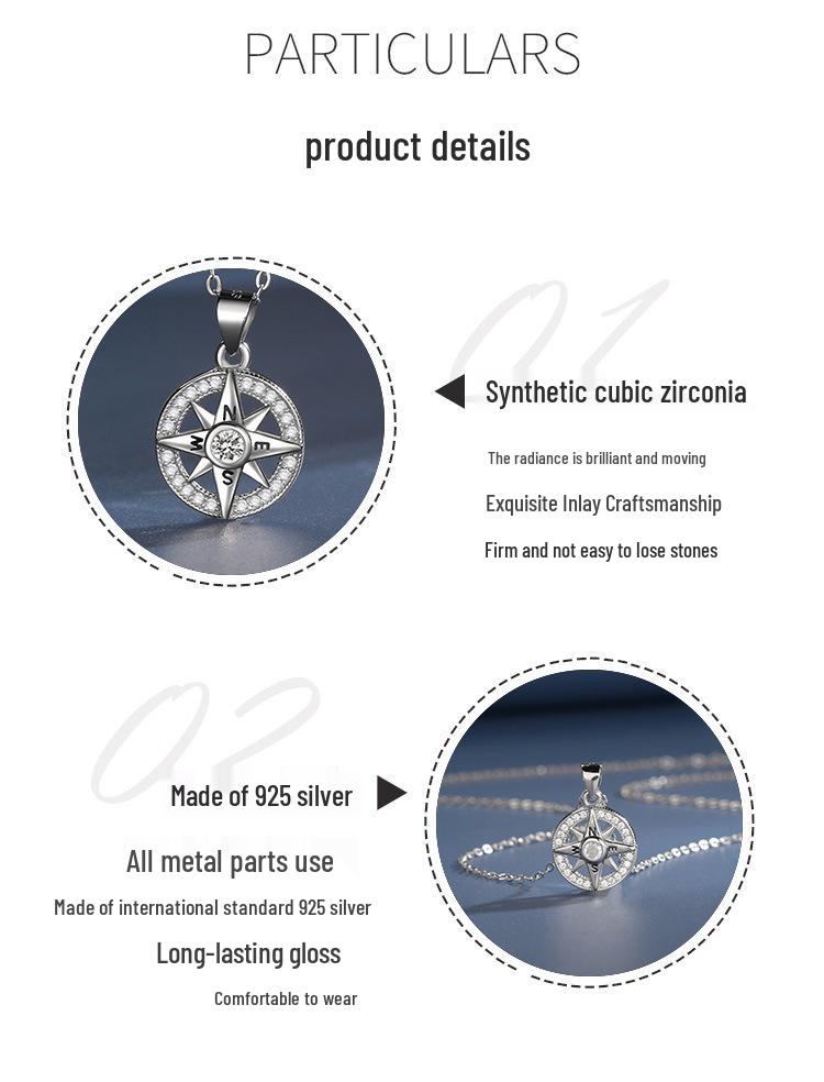 Elegant 925 Sterling Silver Eight-Pointed Star Necklace with Inlaid Diamonds - Women's High-End Niche Compass Pendant.