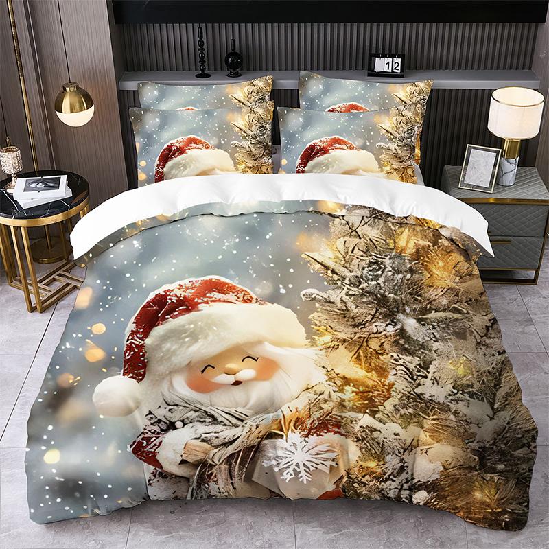 Christmas-themed Printed Duvet Cover and Pillowcase Set Santa Claus Reindeer Sleigh Christmas Tree Snowflakes 2pcs/3pcs Bedding