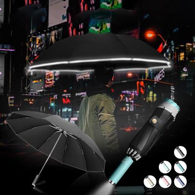 Guarda-chuva automático anti-UV dobrável reverso à prova de vento com tiras reflexivas e luz LED