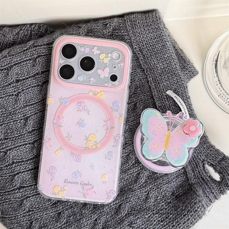Colorful Floral Butterfly Magnetic Stand Case for iPhone 14/15/16 Pro Max - Girly Design