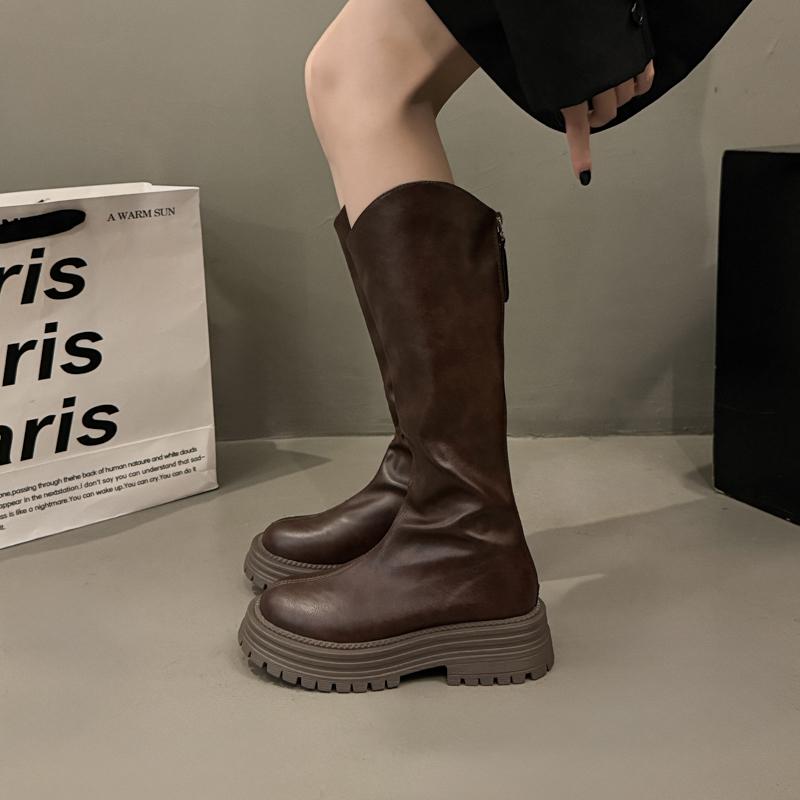 Fashion Vintage Round Toe Knee High Boots Women Designer Back Zipper Square Heels Shoes Ladies Knight Booties