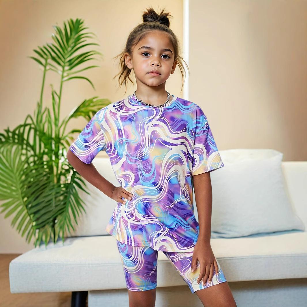 

Модный короткий топ с коротким рукавом и комплект шорт для девочек на лето, повседневный детский наряд 1-2Y фиолетовый