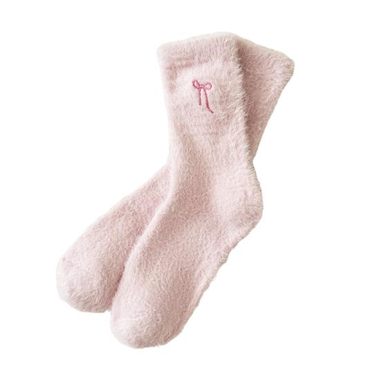 Women Fuzzy Socks Cute Embroidered Bow Knot Thick Socks Fluffy Warm Cozy Socks for Girls Winter Home Indoor Lounging Sleeping