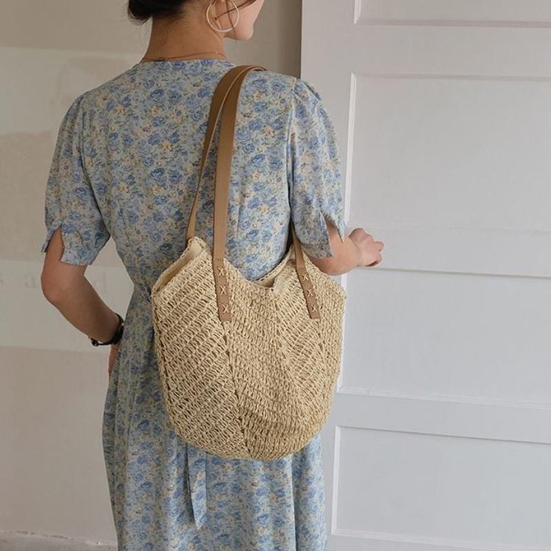 Summer Straw Bag for Women Seaside Vacation Beach Woven Bag Large Capacity Shoulder Tote Bag