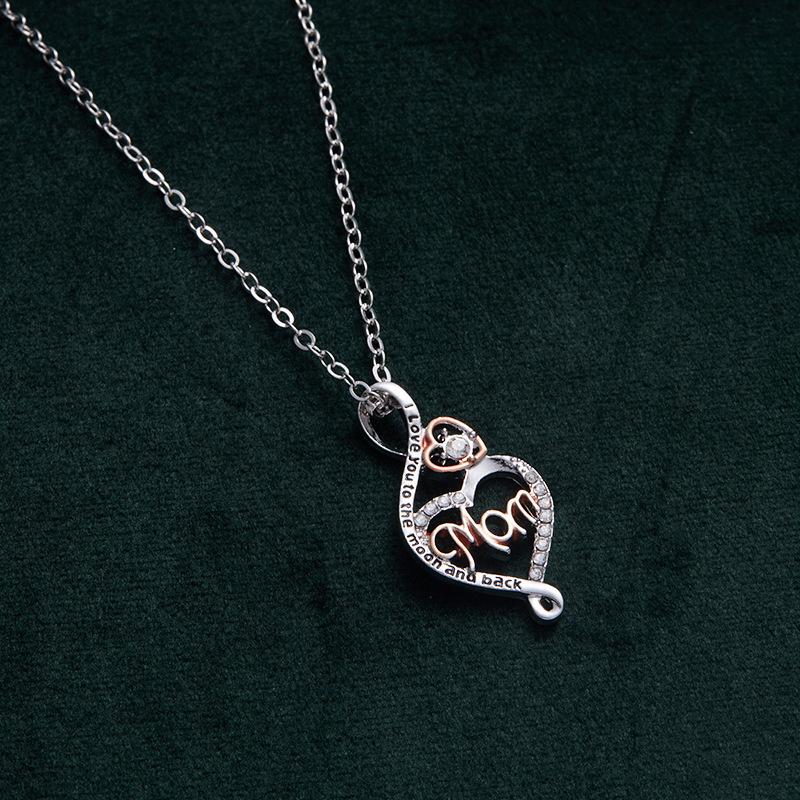 New Cross Heart Double Heart Mom Necklace with Diamond Letter Pendant серебряный