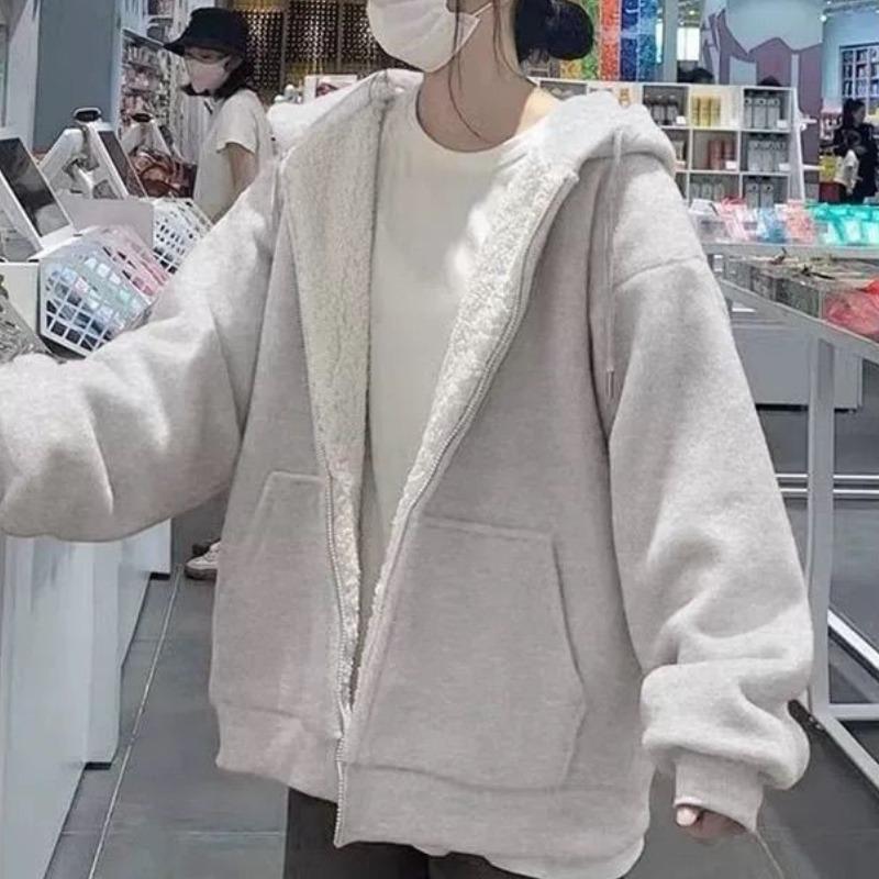 Purple Lamb Wool Zip-Up Thickened Hooded Sweatshirt Jacket Autumn Winter Cardigan